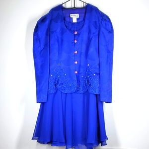 Vintage KAREN MILLER New York Blue Embellished Jacket Full Skirt Set 12